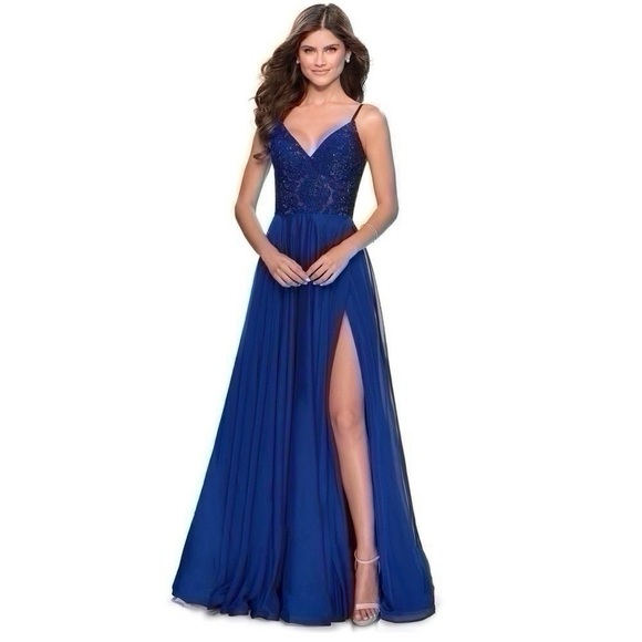 La Femme Sparkle Lace Chiffon Gown Marine Blue 28664 - Picture 2 of 14